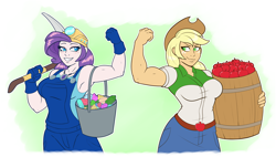 Size: 2858x1624 | Tagged: safe, artist:ambris, imported from derpibooru, applejack, rarity, equestria girls, apple, applejack's hat, applejacked, armpits, barrel, belt, biceps, big breasts, breasts, bucket, busty applejack, busty rarity, clothes, commission, cowboy hat, denim, denim skirt, duo, female, flexing, food, gem, geode of shielding, gloves, hat, helmet, lesbian, looking at each other, looking at someone, magical geodes, miner, mining helmet, muscles, overalls, pickaxe, rarijack, ripped rarity, rolled up sleeves, shipping, skirt, stetson, tanktop