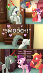 Size: 1920x3240 | Tagged: safe, artist:red4567, imported from derpibooru, big macintosh, marble pie, sugar belle, 3d, accidental kiss, accidental shipping, blushing, female, hearth's warming eve, humor, kissing, lesbian, male, marbelle, marblemac, mistletoe, oops, shipping, snickering, source filmmaker, straight, sugarmac, thinking