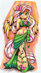 Size: 1314x2337 | Tagged: safe, artist:shadowhawx, imported from derpibooru, fluttershy, anthro, pegasus, adonis belt, adorasexy, belly, belly button, blushing, clothes, commando, cute, dress, female, floppy ears, gala dress, looking at you, midriff, sexy, shyabetes, smiling, solo, traditional art