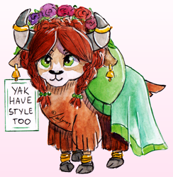 Size: 1006x1029 | Tagged: safe, artist:lailyren, imported from derpibooru, yona, yak, bell, bracelet, clothes, cloven hooves, cute, dress, ear piercing, earring, fashion, female, floral head wreath, flower, horn, horn jewelry, horn ring, jewelry, piercing, quadrupedal, ring, sign, simple background, solo, style, text, traditional art, transparent background, watercolor painting, yonadorable