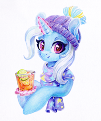 Size: 1252x1500 | Tagged: safe, artist:maytee, imported from derpibooru, trixie, pony, unicorn, beanie, bust, clothes, colored pencil drawing, drink, hat, horn, magic, portrait, punsch, scarf, simple background, smiling, telekinesis, traditional art, white background