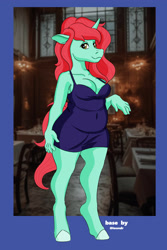 Size: 2400x3600 | Tagged: safe, artist:ihoundr, artist:miipack603, imported from derpibooru, oc, oc:erika pebblebrook, anthro, pony, unguligrade anthro, unicorn, anthro oc, bare shoulders, base used, belly, breasts, chubby, cleavage, clothes, cocktail dress, collarbone, detailed background, dress, female, hand, hooves, horn, mare, passepartout, plump, red mane, red tail, shading, short dress, smiling, tail, tight clothing, unicorn oc, yellow eyes