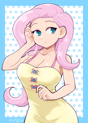 Size: 1500x2100 | Tagged: safe, artist:confusedsnowman, imported from derpibooru, fluttershy, human, bare shoulders, breasts, busty fluttershy, cleavage, clothes, dress, humanized, looking sideways, solo, stupid sexy fluttershy