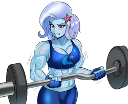 Size: 3000x2450 | Tagged: safe, artist:tzc, imported from derpibooru, trixie, human, equestria girls, clothes, commission, female, fetish, grand and muscular trixie, gritted teeth, muscle fetish, muscles, muscular female, simple background, sports bra, sweat, teeth, vein, weight lifting, weights, white background, workout, workout outfit