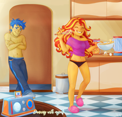 Size: 1764x1694 | Tagged: safe, artist:mn27, imported from derpibooru, flash sentry, sunset shimmer, equestria girls, abs, adorasexy, belly, belly button, black underwear, clothes, commission, cute, dancing, duo, eyes closed, female, flashimmer, male, morning, nudity, panties, partial nudity, sexy, shipping, short shirt, slippers, smiling, sockpuppeting in the comments, straight, topless, underwear, whisk