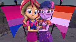 Size: 828x465 | Tagged: safe, imported from derpibooru, sci-twi, sunset shimmer, twilight sparkle, equestria girls, 3d, bisexual pride flag, female, lesbian, lesbian pride flag, pride, pride flag, sci-twishimmer, shipping, source filmmaker, sunsetsparkle