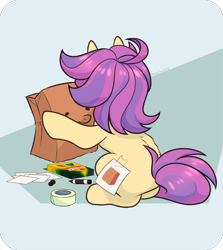 Size: 1552x1742 | Tagged: safe, artist:petalierre, imported from derpibooru, oc, oc:paper bag, earth pony, pony, back fluff, bag, crayon, face not visible, facing away, fake cutie mark, female, mare, marker, paper, paper bag, rear view, tape, unmasked