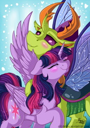 Size: 2893x4092 | Tagged: safe, artist:julunis14, imported from derpibooru, thorax, twilight sparkle, alicorn, changedling, changeling, pony, antlers, blushing, chest fluff, chin fluff, eyes closed, female, heart, hoof fluff, king thorax, leg fluff, male, mare, shipping, smiling, spread wings, straight, twilight sparkle (alicorn), twirax, wing fluff, wings