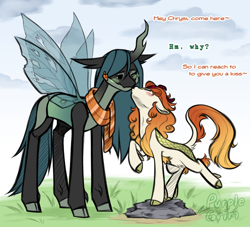 Size: 1100x1000 | Tagged: safe, alternate version, artist:purplegrim40, imported from derpibooru, autumn blaze, queen chrysalis, changeling, kirin, alternate design, autumn chrysalis, clothes, crack shipping, curly hair, curly mane, duo, female, holeless, interspecies, kissing, leonine tail, lesbian, scarf, shipping, tail, what if