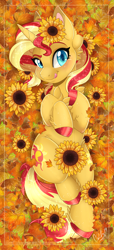 Size: 3369x7407 | Tagged: safe, artist:pvrii, imported from derpibooru, sunset shimmer, pony, unicorn, autumn, chest fluff, cloven hooves, colored hooves, cute, cutie mark, ear fluff, female, flower, flower in hair, hooves, horn, leaf, leg fluff, looking at you, lying down, mare, on back, shimmerbetes, smiling, solo, sunflower, tongue out