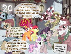 Size: 1440x1080 | Tagged: safe, artist:bronybyexception, imported from derpibooru, apple bloom, applejack, big macintosh, caramel, fluttershy, pinkie pie, scootaloo, spoiled rich, sweetie belle, advent calendar, antlers, charity, christmas, christmas decoration, clothes, costume, hat, holiday, santa costume, santa hat, scarf, scootadeer, sharpie, stopped time, time stop, winter