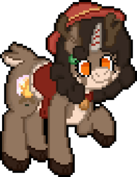 Size: 528x680 | Tagged: safe, artist:bloonacorn, imported from derpibooru, oc, oc:bloona blazes, deer, reindeer, bell, bell collar, collar, digital art, hat, pixel art, saddle, simple background, tack, team fortress 2, transparent background