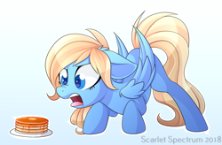 Size: 1336x874 | Tagged: safe, artist:scarlet-eclipse, artist:scarlet-spectrum, imported from derpibooru, oc, oc only, oc:lusty symphony, pegasus, pony, commission, digital art, disgusted, female, floppy ears, food, gradient background, mare, open mouth, pancakes, signature, simple background, solo, ugh