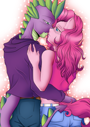 Size: 2480x3507 | Tagged: safe, artist:cyborg-steve, artist:line-arts, artist:rali-arts, imported from derpibooru, pinkie pie, spike, anthro, dragon, earth pony, ambiguous facial structure, female, imminent kissing, male, pinkiespike, shipping, straight