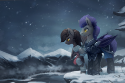 Size: 3903x2600 | Tagged: safe, artist:rodrigues404, imported from derpibooru, oc, oc only, oc:helios aster, oc:tuya, bat pony, pony, armor, bandage, bat pony oc, bat wings, commission, night guard, raised hoof, scenery, snow, wings