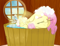 Size: 1300x1000 | Tagged: safe, artist:dandelioncharm, imported from derpibooru, fluttershy, pegasus, pony, bath, behaving like a duck, bubble bath, cheek fluff, cottagecore, cute, ear fluff, enjoying, eyes closed, female, floppy ears, flutterduck, foam, folded wings, indoors, mare, relaxed, shyabetes, smiling, solo, tail, wet, wet mane, wet tail, window, wings