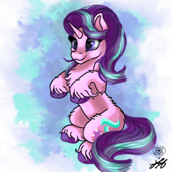 Size: 2000x2000 | Tagged: safe, artist:stainedglasslighthea, imported from derpibooru, starlight glimmer, pony, unicorn, chest fluff, cute, female, fluffy, glimmerbetes, horn, sitting, solo, unshorn fetlocks