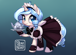 Size: 2700x1950 | Tagged: safe, artist:starshinebeast, imported from derpibooru, oc, oc only, oc:opuscule antiquity, pony, unicorn, clothes, cup, cute, female, food, french maid, horn, looking at you, maid, mare, ocbetes, platter, smiling, solo, spoon, sugar (food), tea set, teacup, teapot