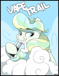 Size: 1937x2500 | Tagged: safe, artist:neoncel, imported from derpibooru, vapor trail, pegasus, pony, top bolt, cloud, digital art, ear fluff, female, hoof hold, looking at you, mare, my little pony, pun, signature, sky, smiling, solo, vape, vaping