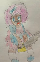 Size: 1012x1553 | Tagged: safe, artist:fxoggyyy, artist:gumball 🌈♾️, imported from derpibooru, pinkie pie, human, bow, chainsaw, clothes, dark skin, female, happy, humanized, jacket, long socks, object, open mouth, shirt, shoes, simple background, skirt, smiling, socks, solo, traditional art, weapon, white background