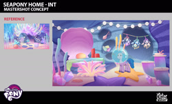 Size: 1787x1080 | Tagged: safe, imported from derpibooru, izzy moonbow, pony, unicorn, leak, spoiler:g5, spoiler:my little pony: tell your tale, spoiler:tyts02e28, colored, concept art, coral, enchantment under the sea, female, g5, horn, lil critter workshop, mare, my little pony logo, my little pony: tell your tale, ocean, official, seashell, smiling, solo, underwater, water