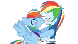 Size: 1920x1080 | Tagged: safe, anonymous artist, derpibooru exclusive, imported from derpibooru, rainbow dash, human, pegasus, pony, equestria girls, blushing, clothes, dashdash, eyes closed, female, hoodie, human and pony, interspecies selfcest, jacket, kissing, lesbian, self paradox, self ponidox, selfcest, shipping, shirt, simple background, spread wings, transparent background, wingboner, wings, wristband