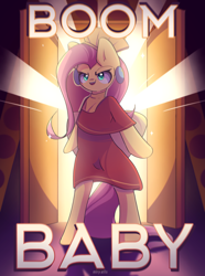 Size: 1900x2550 | Tagged: safe, artist:miryelis, imported from derpibooru, fluttershy, pegasus, pony, bipedal, clothes, crossover, door, full body, long hair, looking at you, meme, smiling, solo, text, the emperor's new groove