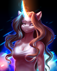 Size: 2000x2500 | Tagged: safe, artist:glitteronin, imported from derpibooru, oc, oc only, oc:golden pen, anthro, unicorn, breasts, cleavage, clothes, curved horn, female, glowing, glowing horn, gritted teeth, horn, looking at you, magic, solo, tanktop, teeth