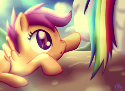 Size: 1673x1216 | Tagged: safe, artist:pshyzomancer, imported from derpibooru, rainbow dash, scootaloo, pegasus, pony, :o, blank flank, cloud, cloudy, cute, cutealoo, eyes on the prize, female, filly, foal, nose wrinkle, on a cloud, open mouth, signature, solo focus, spread wings, stare, tail, touch, wings