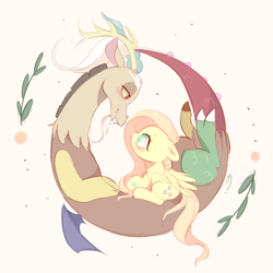 Size: 2000x2000 | Tagged: safe, artist:ipun, imported from derpibooru, discord, fluttershy, draconequus, pegasus, pony, bedroom eyes, blushing, curled up, cute, discoshy, eye contact, female, floppy ears, looking at each other, looking at someone, male, mare, no pupils, profile, shipping, sitting, straight, wings