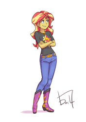 Size: 2480x3508 | Tagged: safe, artist:jurill, imported from derpibooru, sunset shimmer, human, belt, boots, clothes, crossed arms, denim, female, geode of empathy, humanized, jeans, magical geodes, pants, shoes, signature, simple background, smiling, solo, white background