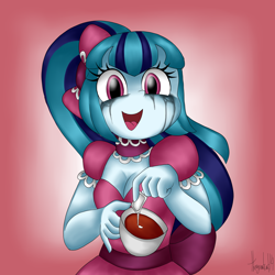 Size: 3000x3000 | Tagged: safe, artist:queentigrel, imported from derpibooru, sonata dusk, equestria girls, breasts, cleavage, clothes, dress, female, food, makeup, psychonata dusk, running makeup, solo, tea, yandere