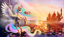 Size: 1600x927 | Tagged: safe, artist:cosmicunicorn, imported from derpibooru, princess celestia, alicorn, pony, canterlot, crepuscular rays, female, flying, lake, lilypad, scenery, smiling, solo, spread wings, sunrise, water, waterfall, wings