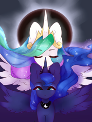 Size: 4536x6000 | Tagged: safe, artist:ask-angelheartz, artist:princesstiramichyuu, imported from derpibooru, princess celestia, princess luna, alicorn, pony, 2017 solar eclipse, alicorn eclipse, cute, cutelestia, duo, eclipse, eyebrows, eyebrows visible through hair, eyes closed, female, jewelry, looking at you, lunabetes, mare, regalia, royal sisters, siblings, sisters, solar eclipse, spread wings, wings