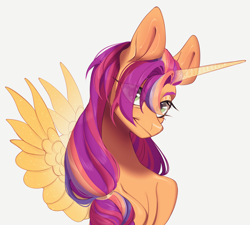 Size: 4000x3604 | Tagged: safe, artist:meggychocolatka, imported from derpibooru, sunny starscout, alicorn, earth pony, pony, artificial horn, artificial wings, augmented, bust, colored, eye clipping through hair, eyebrows, eyebrows visible through hair, eyelashes, female, g5, horn, horn markings, lidded eyes, long mane, looking at you, magic, magic horn, magic wings, mane stripe sunny, mare, no source available, portrait, race swap, scrunchie, simple background, slender, small wings, smiling, smiling at you, solo, sparkles, sparkly horn, sparkly wings, spread wings, sunnycorn, thin, white background, wings