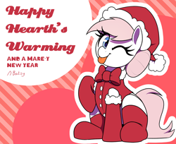 Size: 2700x2200 | Tagged: safe, artist:thebatfang, imported from twibooru, nurse redheart, earth pony, pony, christmas, clothes, costume, female, hat, heart, hearth's warming, holiday, image, mare, one eye closed, png, santa costume, santa hat, sitting, socks, striped background, text, tongue out, wink, winking at you