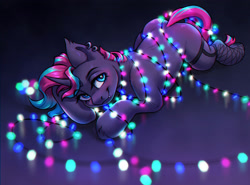 Size: 2934x2167 | Tagged: safe, artist:amishy, imported from derpibooru, oc, oc only, oc:synthie glitch, bat pony, bat pony unicorn, hybrid, pony, unicorn, bat pony oc, bat wings, blue eyes, blushing, christmas, christmas lights, clothes, cute, cute little fangs, ear piercing, earring, fangs, female, fishnet clothing, fishnets, garters, holiday, horn, jewelry, lying down, mare, multicolored hair, multicolored mane, multicolored tail, piercing, prone, smiling, socks, solo, stockings, tail, thigh garters, thigh highs, unicorn oc, wings