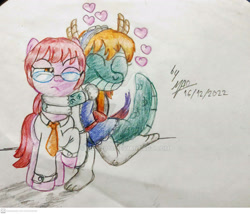 Size: 1920x1644 | Tagged: safe, artist:mao2018, imported from derpibooru, dragon, earth pony, pony, clothes, dragonified, duo, heart, hug, kobayashi-san chi no maid dragon, ponified, signature, simple background, species swap, tohru, traditional art, varying degrees of want, white background