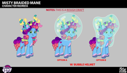 Size: 2710x1565 | Tagged: safe, imported from derpibooru, pony, unicorn, spoiler:g5, spoiler:my little pony: tell your tale, spoiler:tyts02e28, .psd available, alternate hairstyle, behind the scenes, braid, bubble, coat markings, concept art, coral, enchantment under the sea, female, g5, horn, lil critter workshop, mare, misty brightdawn, my little pony logo, my little pony: tell your tale, official, rebirth misty, smiling, solo