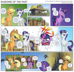 Size: 1600x1558 | Tagged: safe, artist:thebadfaerie, imported from derpibooru, applejack, rarity, twilight sparkle, earth pony, pony, unicorn, comic:shadows of the past, bucket, butt, censored, censored vulgarity, comic, female, horn, implied racism, mare, outhouse, plot, tree