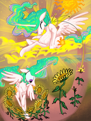 Size: 3000x4000 | Tagged: safe, artist:ja0822ck, imported from derpibooru, princess celestia, alicorn, pony, dancing, female, flower, mare, origin story, scratching, sun, sunflower