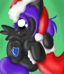 Size: 900x1042 | Tagged: safe, artist:alexlayer, artist:spectralpony, artist:yokoulythryian, imported from derpibooru, oc, oc:nyx, alicorn, pony, alicorn oc, christmas, christmas stocking, contest entry, cutie mark, female, female oc, filly, filly oc, foal, gradient background, green background, hat, hidden horn, holiday, horn, normal eyes, santa hat, simple background, solo, solo female, spread wings, wings