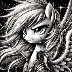 Size: 1024x1024 | Tagged: safe, imported from derpibooru, rainbow dash, ai content, ai generated, black and white, clothes, generator:bing image creator, grayscale, jacket, manga, monochrome, prompter:milk-chocolate