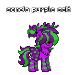 Size: 336x328 | Tagged: safe, artist:princess ice color twinkle, imported from derpibooru, oc, unicorn, chest hair, clothes dots, deer nose, deer side horns, feet lines, horn, mare oc, pony town oc, ponytail, purple skin, simple background, smiling, tail, text, two toned mane, two toned tail, unicorn oc