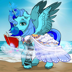 Size: 1024x1024 | Tagged: safe, imported from derpibooru, oc, oc only, alicorn, avatar maker fantasy pony, blue eyes, blue mane, blue skin, blue tail, book, bubblegum, clothes, food, foot design, glowing, glowing horn, gum, horn, magic, magic circle, mare oc, sea background, spread wings, tail, two toned mane, two toned tail, wings