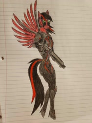 Size: 3000x4000 | Tagged: safe, artist:radiation_pony, imported from derpibooru, oc, oc:rubidium, anthro, pegasus, black widow (marvel), blade, crossover, female, flying, gun, lined paper, makeup, marvel, marvel rivals, pegasus oc, rifle, solo, solo female, tail, traditional art, weapon, wingblade, wings