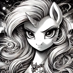 Size: 1024x1024 | Tagged: safe, imported from derpibooru, rarity, ai content, ai generated, black and white, generator:bing image creator, grayscale, manga, monochrome, prompter:milk-chocolate