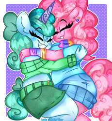 Size: 1850x2000 | Tagged: safe, artist:ladylullabystar, imported from derpibooru, pinkie pie, oc, oc:prixy, anthro, female, hug