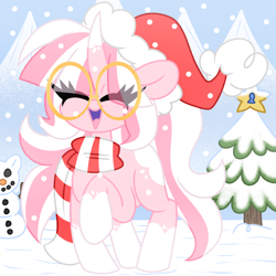 Size: 2000x2000 | Tagged: safe, artist:ladylullabystar, imported from derpibooru, oc, oc:lady lullaby star, pony, unicorn, christmas, clothes, female, glasses, hat, holiday, horn, mare, santa hat, scarf, snow, solo, tree