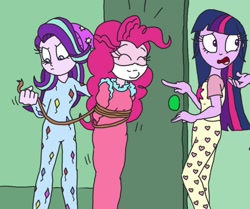 Size: 1282x1073 | Tagged: safe, artist:bugssonicx, imported from derpibooru, pinkie pie, twilight sparkle, human, equestria girls, beanie, bewildered expression, bondage, bound and gagged, cloth gag, clothes, footed sleeper, footie pajamas, gag, glasses, happy bondages, hat, nightgown, onesie, over the nose gag, pajamas, rope, rope bondage, shocked, shocked expression, sleepover, sleepwear, slippers, slumber party, socks, tied up, untying